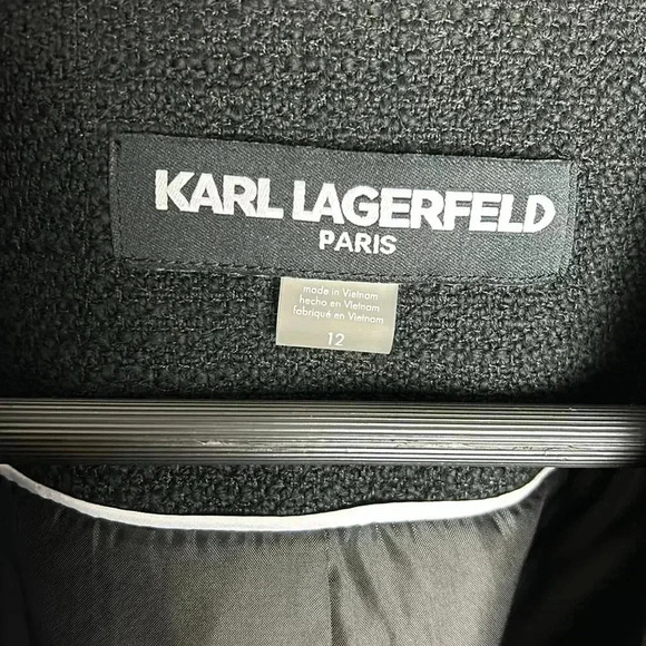 Karl Lagerfeld Blazer 12 Black Tweed Texture Fringe Trim Suit Jacket Office Work - Picture 3 of 11